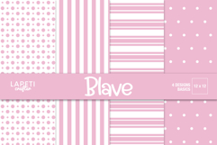 Pink baby girl scrapbook paper with pastel polka dot background for memory keeping albums.