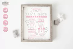 Baby Girl Birth Stats announcements with baby clip art shown on a white sign with a wooden frame