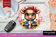 Highland Cow Car Coaster - Summer Coaster PNG Sublimation Product Image 1