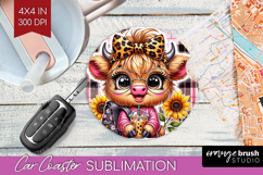 Highland Cow Car Coaster - Summer Coaster PNG Sublimation Product Image 1