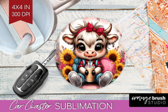 Highland Cow Car Coaster - Summer Coaster PNG Sublimation Product Image 1