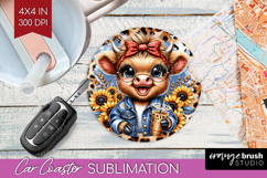 Highland Cow Car Coaster - Summer Coaster PNG Sublimation Product Image 1