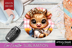 Highland Cow Car Coaster - Summer Coaster PNG Sublimation Product Image 1