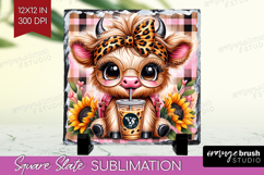 Highland Cow Slate PNG - Summer Square Slate Sublimation Product Image 1