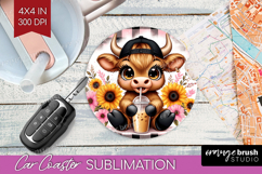 Highland Cow Car Coaster - Summer Coaster PNG Sublimation Product Image 1