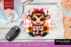 Highland Cow Car Coaster - Summer Coaster PNG Sublimation Product Image 1