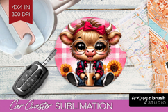 Highland Cow Car Coaster - Summer Coaster PNG Sublimation Product Image 1