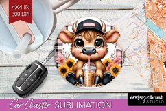 Highland Cow Car Coaster - Summer Coaster PNG Sublimation Product Image 1