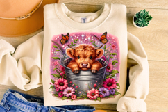 Floral Highland Cow PNG, Cute Baby Highland Cow PNG, Heifer Product Image 1