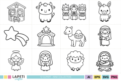 Holy family and baby Jesus outline illustrations