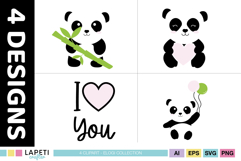 Black and white panda characters with soft pink and green accents