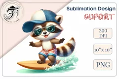 Explore this adorable cartoon baby Raccoon surfer clipart perfect for children's parties, summer events, birthday invitations, t-shirt designs, sublimation prints, scrapbooking, and more. Bring a fun, summer vibe to your projects.