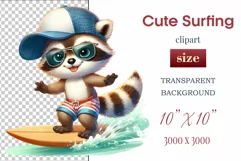 Explore this adorable cartoon baby Raccoon surfer clipart perfect for children's parties, summer events, birthday invitations, t-shirt designs, sublimation prints, scrapbooking, and more. Bring a fun, summer vibe to your projects.