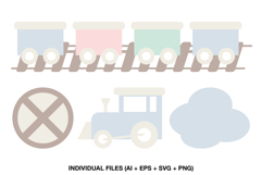 Pastel baby train clipart for scrapbook albums and memory keeping pages.
