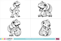 Happy baby T-Rex standing upright with an open mouth, tiny arms and a curved tail in a detailed black and white illustration.