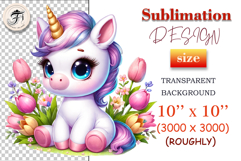 Adorable unicorn clipart with floral decorations and soft pink details, perfect for sublimation and kids designs.