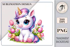 Adorable unicorn clipart with floral decorations and soft pink details, perfect for sublimation and kids designs.