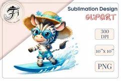 Explore this adorable cartoon baby zebra surfer clipart perfect for children's parties, summer events, birthday invitations, t-shirt designs, sublimation prints, scrapbooking, and more. Bring a fun, summer vibe to your projects.