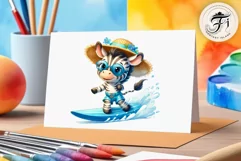 Explore this adorable cartoon baby zebra surfer clipart perfect for children's parties, summer events, birthday invitations, t-shirt designs, sublimation prints, scrapbooking, and more. Bring a fun, summer vibe to your projects.