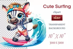 Explore this adorable cartoon baby zebra surfer clipart perfect for children's parties, summer events, birthday invitations, t-shirt designs, sublimation prints, scrapbooking, and more. Bring a fun, summer vibe to your projects.
