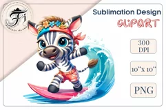 Explore this adorable cartoon baby zebra surfer clipart perfect for children's parties, summer events, birthday invitations, t-shirt designs, sublimation prints, scrapbooking, and more. Bring a fun, summer vibe to your projects.