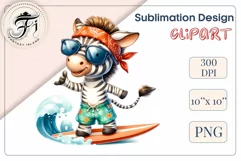 Explore this adorable cartoon baby zebra surfer clipart perfect for children's parties, summer events, birthday invitations, t-shirt designs, sublimation prints, scrapbooking, and more. Bring a fun, summer vibe to your projects.