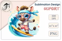 Explore this adorable cartoon baby zebra surfer clipart perfect for children's parties, summer events, birthday invitations, t-shirt designs, sublimation prints, scrapbooking, and more. Bring a fun, summer vibe to your projects.
