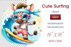 Explore this adorable cartoon baby zebra surfer clipart perfect for children's parties, summer events, birthday invitations, t-shirt designs, sublimation prints, scrapbooking, and more. Bring a fun, summer vibe to your projects.