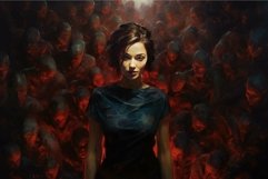 Woman amidst shadowy figures in surreal artwork Product Image 1