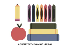 Back to school clipart with crayons pencil apple and stacked books