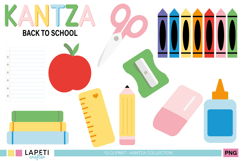 Colorful back to school clipart set with notebooks, apple, scissors, crayons, pencil, ruler, glue and sharpener in cute style