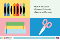 Cute crayons, stacked books and pink scissors clipart, back to school graphics for any project