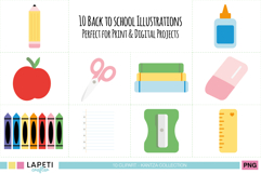 Ten back to school illustrations for printing and digital use, featuring school supplies like pencil, apple, books and glue