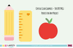 Yellow pencil, ruler with heart and red apple clipart, cheerful back to school illustrations