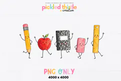 Cute school supplies PNG featuring colorful watercolor pencil, apple, composition notebook, eraser and ruler characters in a clean horizontal arrangement.