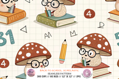 mushroom scholastic, school study, smart bookish, academic pattern, cute clever, learn design, glasses pencil, books numbers, seamless background