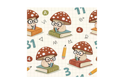 mushroom scholastic, school study, smart bookish, academic pattern, cute clever, learn design, glasses pencil, books numbers, seamless background