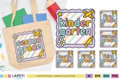 Cute back to school SVG designs for shirts featuring crayon letters and flowers for Kindergarten to 5th Grade, perfect for kids and teachers.