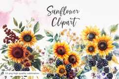 Sunflower bouquet watercolor clipart sublimation Product Image 1