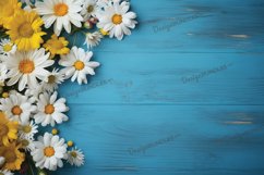 Daisy flowers on blue wooden background spring digital paper Product Image 1