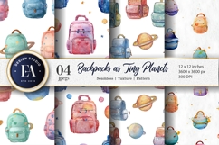 Watercolor Backpacks Shaped Like Tiny Planets Digital Paper Product Image 1