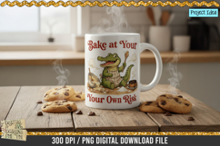 Cute crocodile wearing an apron holding spoons in a messy kitchen with spilled batter, broken eggs, and the quote &quot;Bake at Your Own Risk.&quot;
