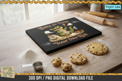 Cute crocodile wearing an apron holding spoons in a messy kitchen with spilled batter, broken eggs, and the quote &quot;Bake at Your Own Risk.&quot;