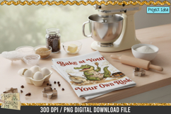Cute crocodile wearing an apron holding spoons in a messy kitchen with spilled batter, broken eggs, and the quote &quot;Bake at Your Own Risk.&quot;
