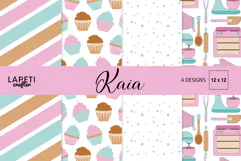 Pastel cupcake digital paper with pink aqua and caramel baking illustrations