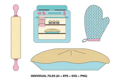Four baking clipart illustrations with oven rolling pin pie and oven mitt