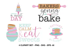 Four baking quote clipart designs with cakes, mixing bowls and playful kitchen sayings