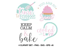 Four baking quote clipart designs with pastel kitchen typography and sweet sayings