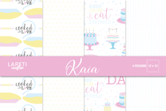 Baking digital paper with pie dishes and cooked with love quote pattern