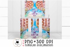 tumbler sublimation design of 2 air balloons in a pastel cloud background and in the middle it says love with take us high